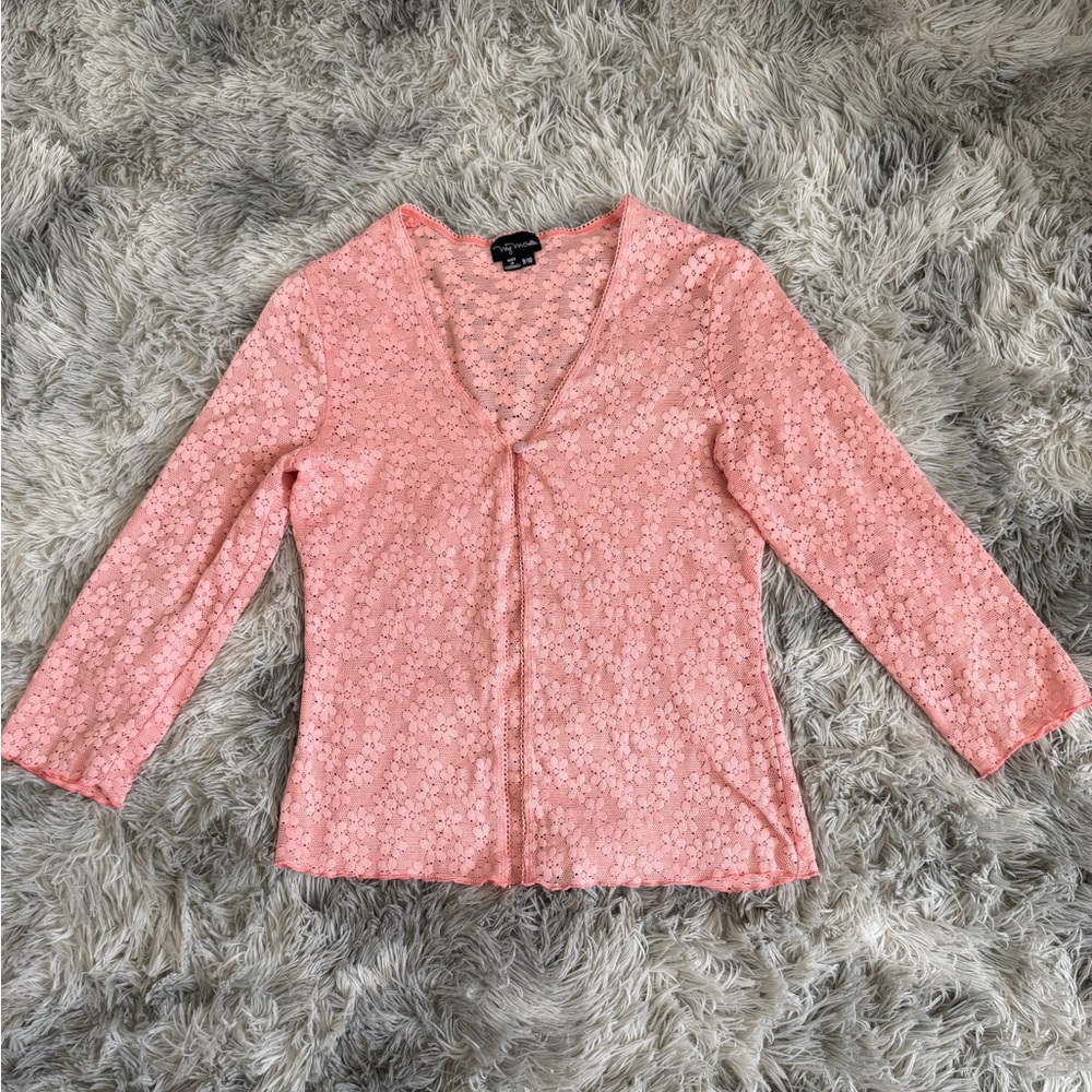 2000s Pink floral lace blouse with elbow sleeves
